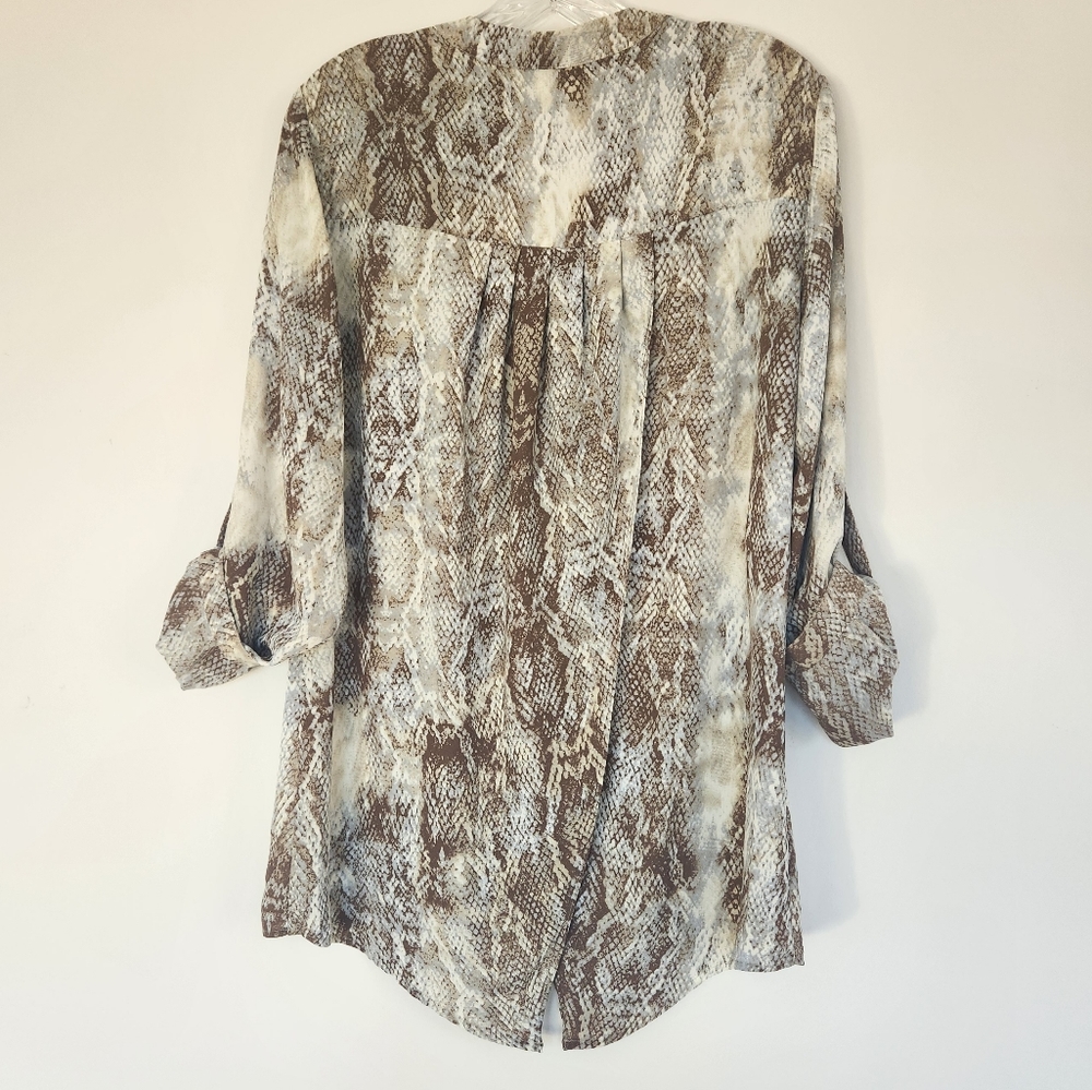 Mieka Snake Animal Print Open Back Blouse Brown Beige Sheer Flowy Top Mobwife L - Picture 8 of 12